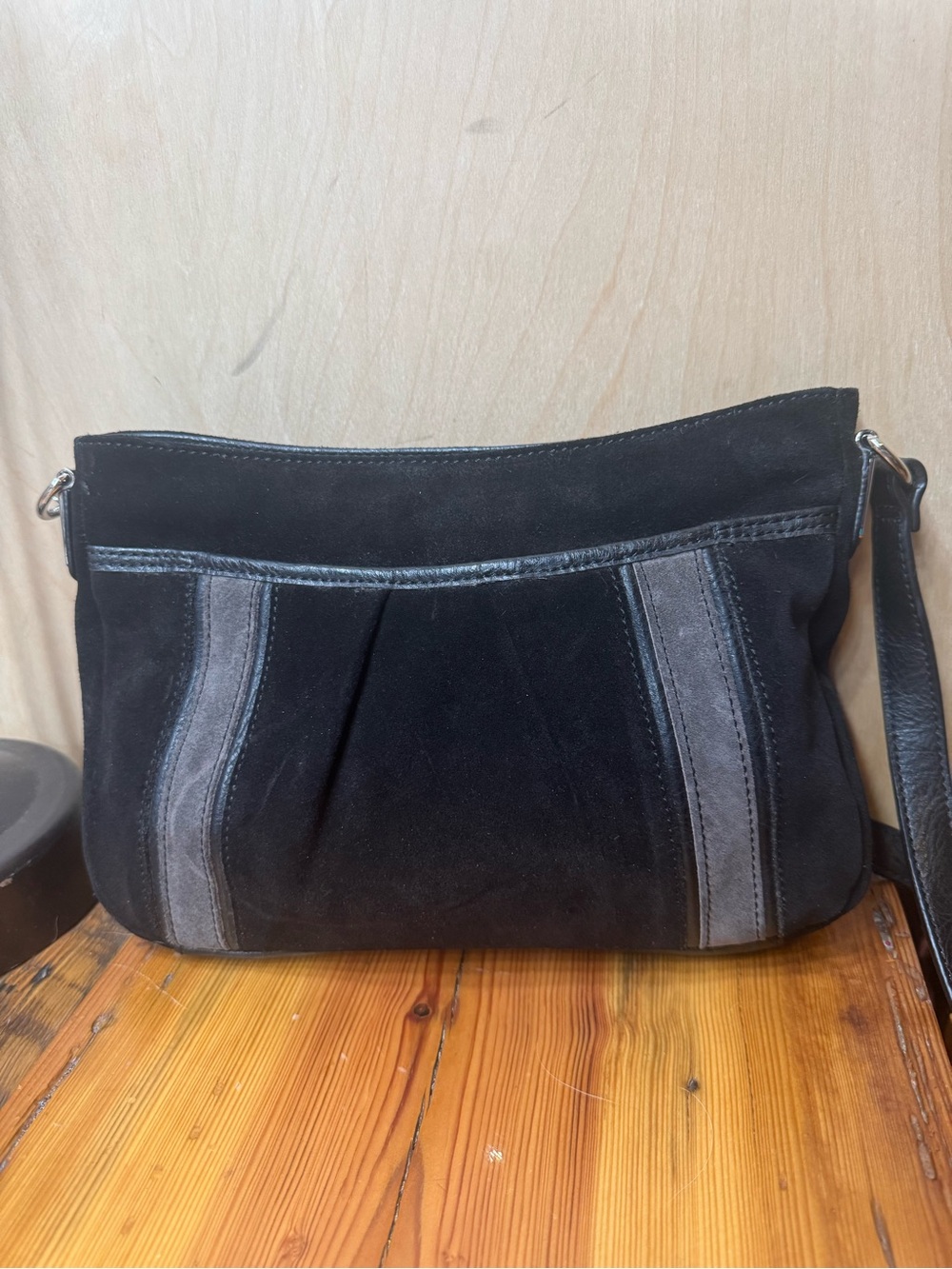 Tignanello Black Leather Shoulder Bag with Brown Satin Lining